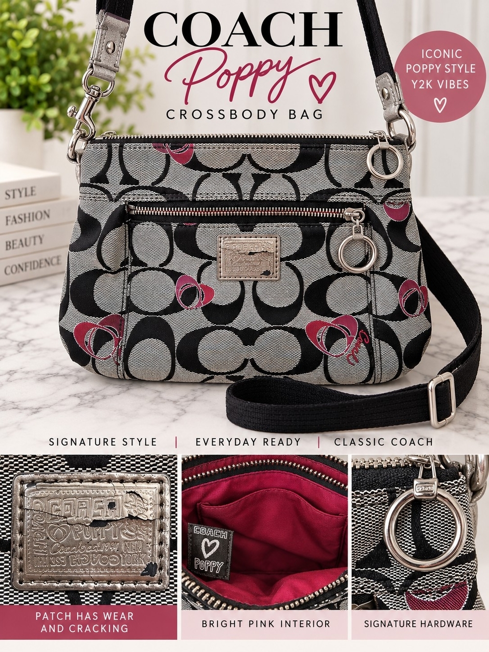 Coach Poppy Signature C Crossbody Bag Black White Pink